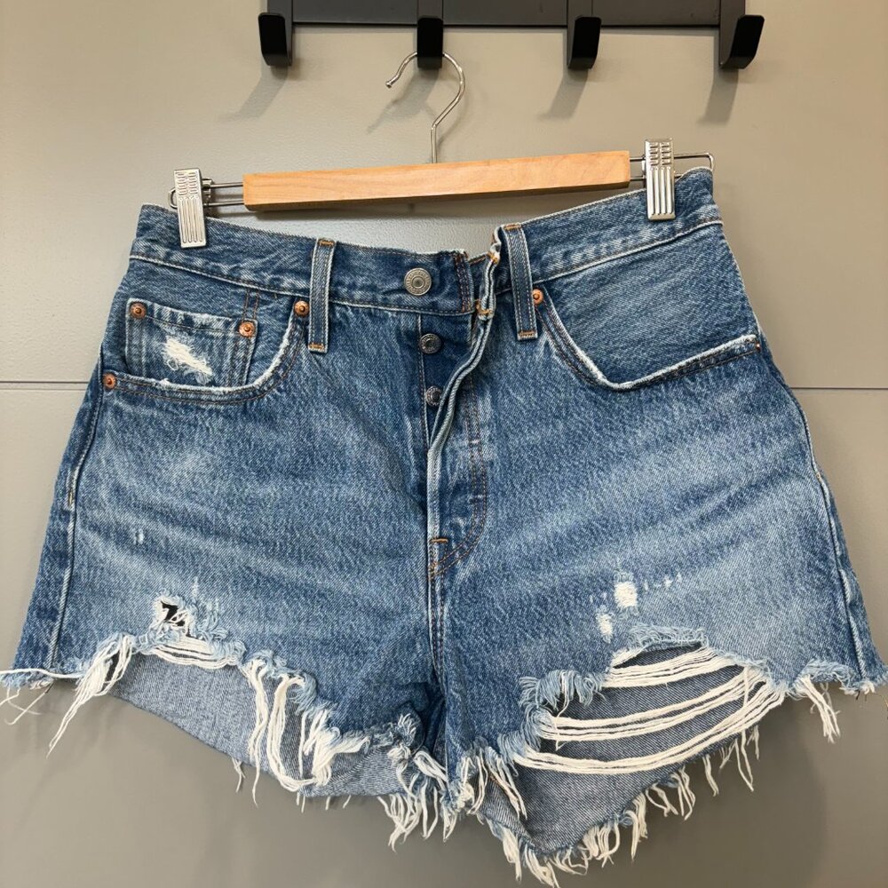 Levi's 501 Cutoffs; Distressed Denim; Size 28